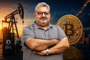 Strait of Hormuz oil tanker route with Bitcoin symbol overlay showing macro crypto connection