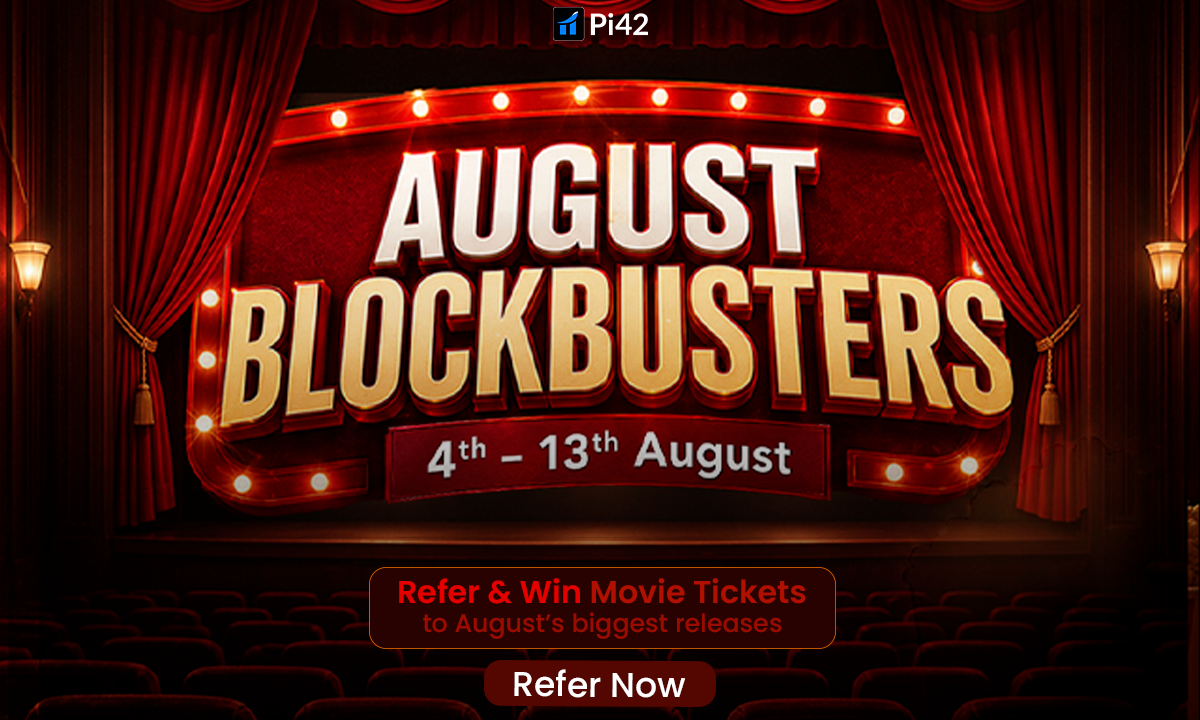 Pi42 August Blockbusters referral contest banner — win daily movie tickets from a ₹50,000 rewards pool, 4–13 August 2026