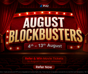 Pi42 August Blockbusters referral contest banner — win daily movie tickets from a ₹50,000 rewards pool, 4–13 August 2026