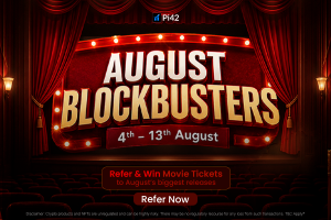 Pi42 August Blockbusters referral contest banner — win daily movie tickets from a ₹50,000 rewards pool, 4–13 August 2026