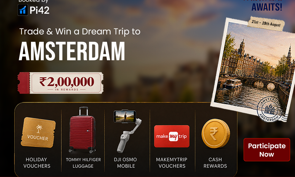 Booked by Pi42 Amsterdam contest banner — trade on Pi42 and win travel vouchers, luggage, DJI Osmo and cash from a ₹2,00,000 pool, 21–28 August 2026