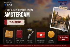 Booked by Pi42 Amsterdam contest banner — trade on Pi42 and win travel vouchers, luggage, DJI Osmo and cash from a ₹2,00,000 pool, 21–28 August 2026