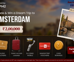 Booked by Pi42 Amsterdam contest banner — trade on Pi42 and win travel vouchers, luggage, DJI Osmo and cash from a ₹2,00,000 pool, 21–28 August 2026