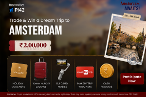 Booked by Pi42 Amsterdam contest banner — trade on Pi42 and win travel vouchers, luggage, DJI Osmo and cash from a ₹2,00,000 pool, 21–28 August 2026