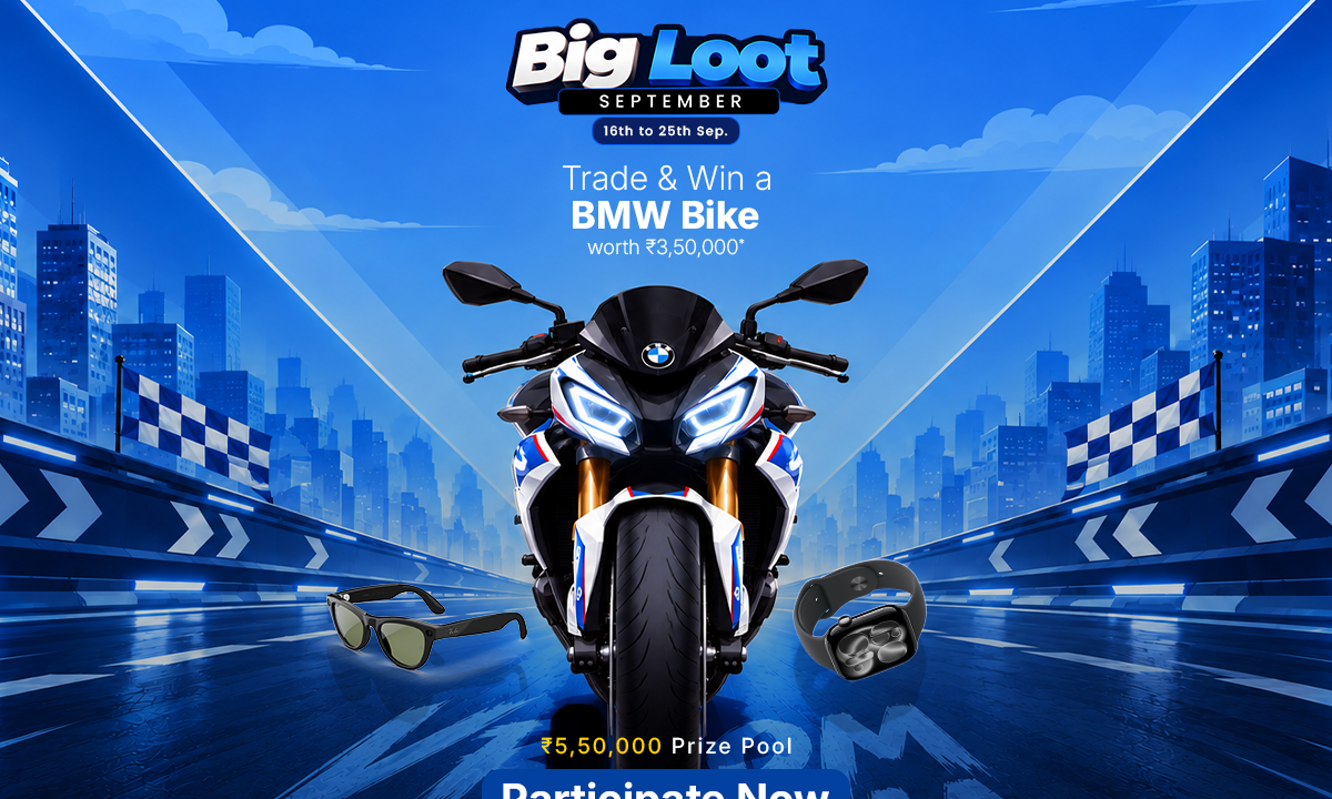 Big Loot September contest banner — trade on Pi42 and win a BMW Bike, Apple Watch, Meta Glasses and more from a ₹5,50,000 pool, 16–25 September 2026