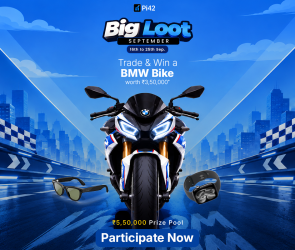 Big Loot September contest banner — trade on Pi42 and win a BMW Bike, Apple Watch, Meta Glasses and more from a ₹5,50,000 pool, 16–25 September 2026
