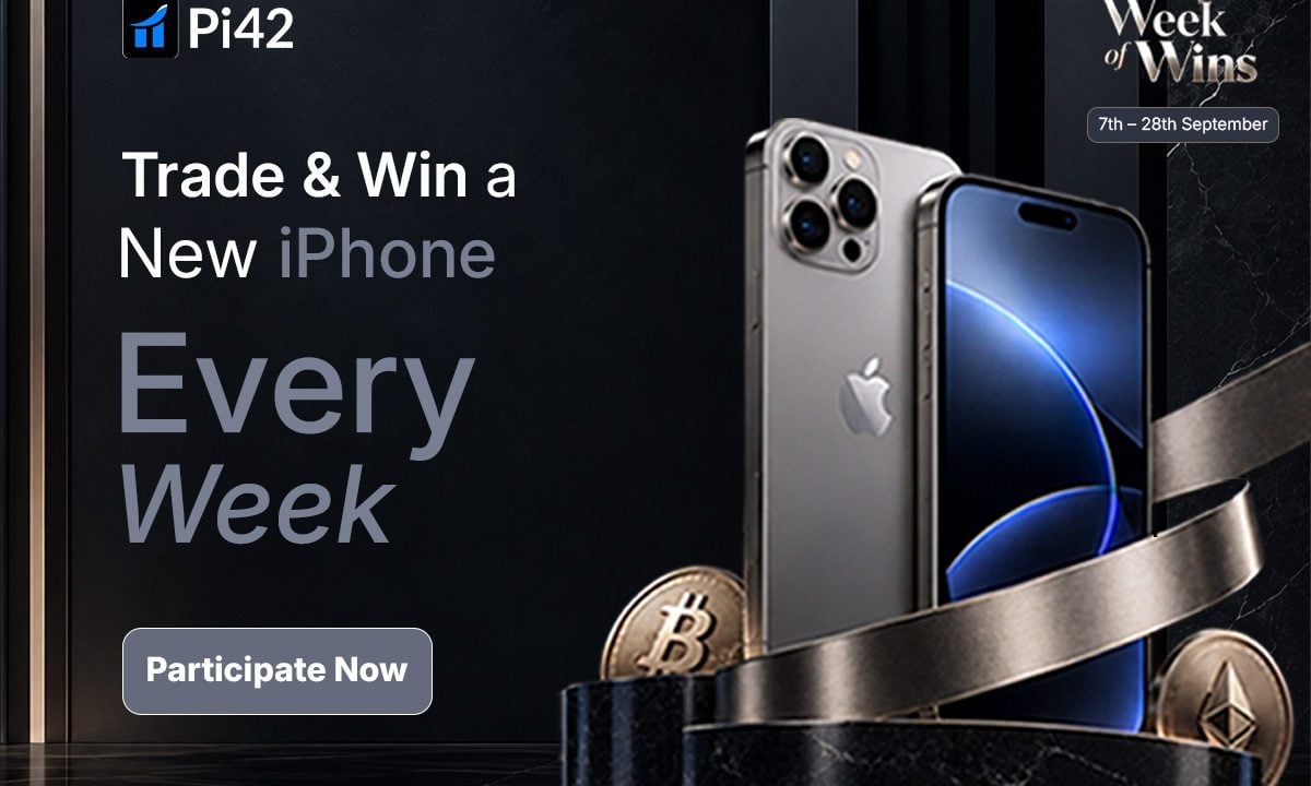 Pi42 Week of Wins contest banner — trade on Pi42 and win a new iPhone worth up to ₹50,000 every week, 7–28 September 2026