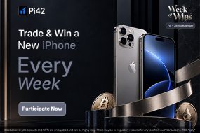 Pi42 Week of Wins contest banner — trade on Pi42 and win a new iPhone worth up to ₹50,000 every week, 7–28 September 2026