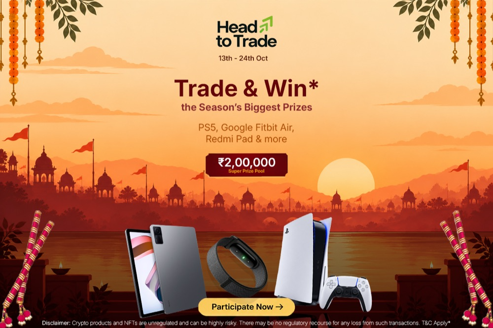 Pi42 Head to Trade contest banner — trade on Pi42 and win a PS5, Redmi Pad, Google Fitbit Air and more from a ₹2,00,000 prize pool, 13–24 October 2026