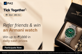 Pi42 Tick Together referral contest banner — refer friends who trade on Pi42 and win an Emporio Armani watch worth ₹10,000 plus daily cash, 22–28 October 2026