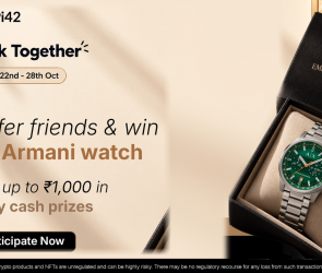 Pi42 Tick Together referral contest banner — refer friends who trade on Pi42 and win an Emporio Armani watch worth ₹10,000 plus daily cash, 22–28 October 2026