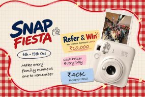 Pi42 Snap Fiesta referral contest banner — refer friends who trade on Pi42 and win a Fujifilm Instax Mini 12 camera worth ₹10,000 plus daily cash, 6–15 October 2026